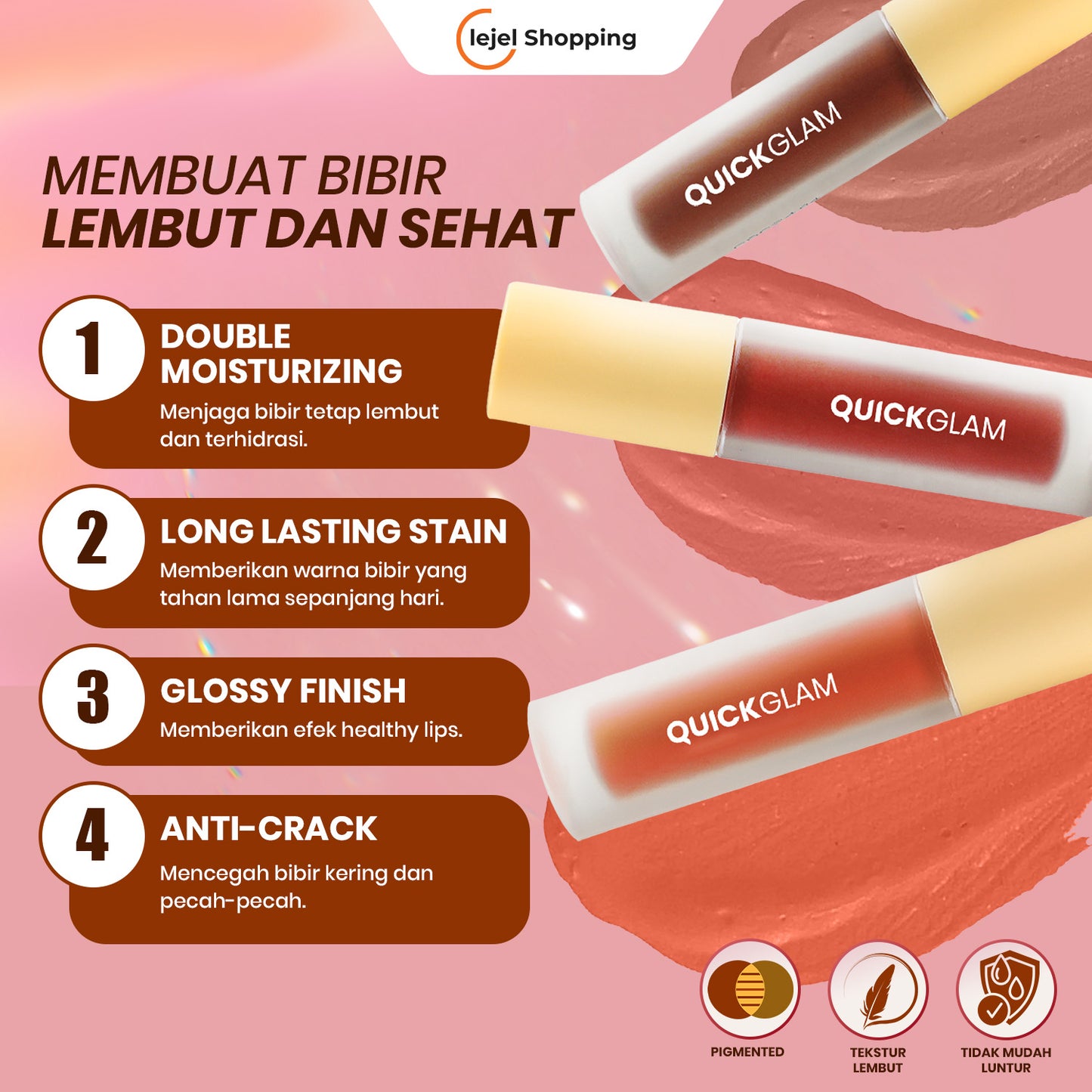 QUICKGLAM Tinted Lip Stain & Lipstick Transferproof Super Ringan Tahan 12 Jam