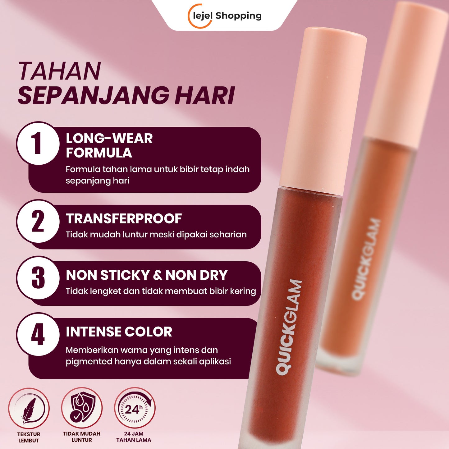 QUICKGLAM Matte Lip Cream - Tahan Lama, Transferproof, Tidak Lengket & Tidak Kering